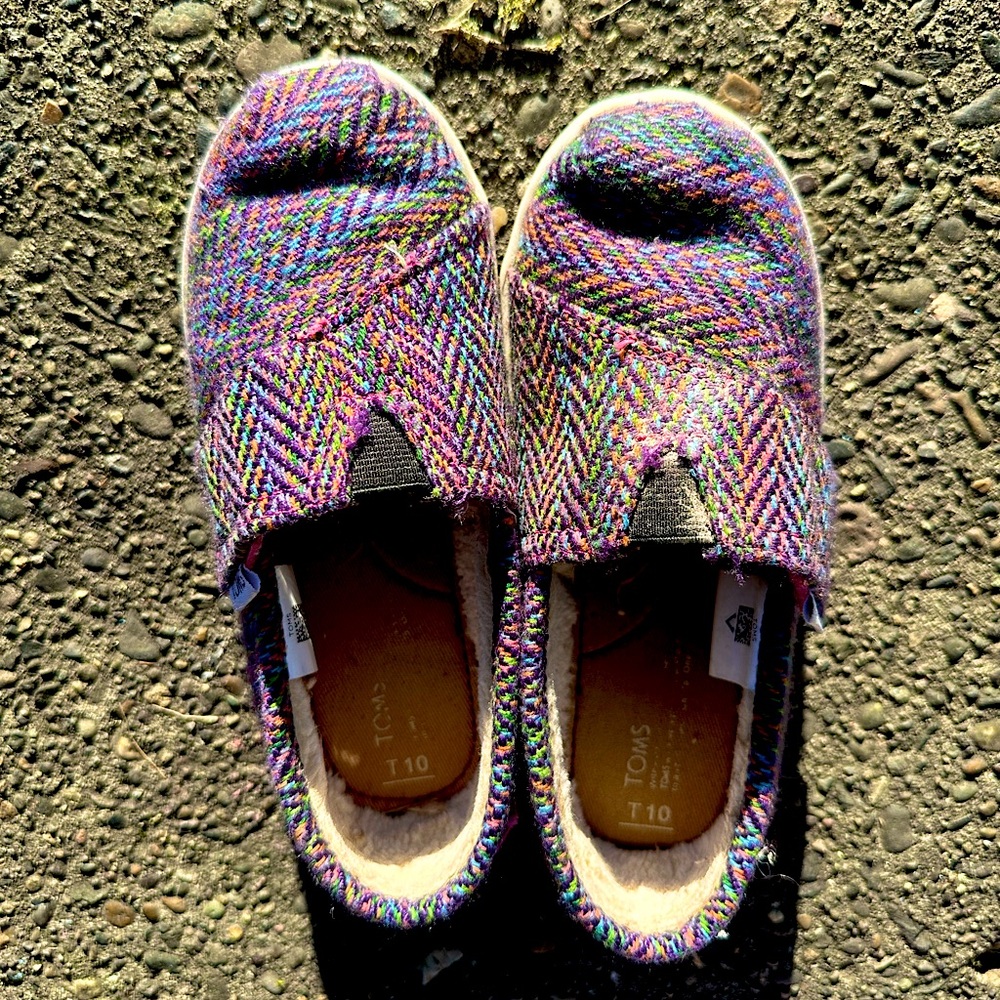 Rainbow Toms size 10 loafers with fur on the inside.
